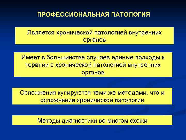 ПРОФЕССИОНАЛЬНАЯ ПАТОЛОГИЯ Является хронической патологией внутренних органов Имеет в большинстве случаев единые подходы к
