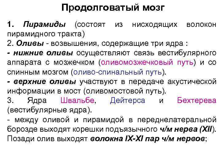 Продолговатый мозг 1. Пирамиды (состоят из нисходящих волокон пирамидного тракта) 2. Оливы - возвышения,