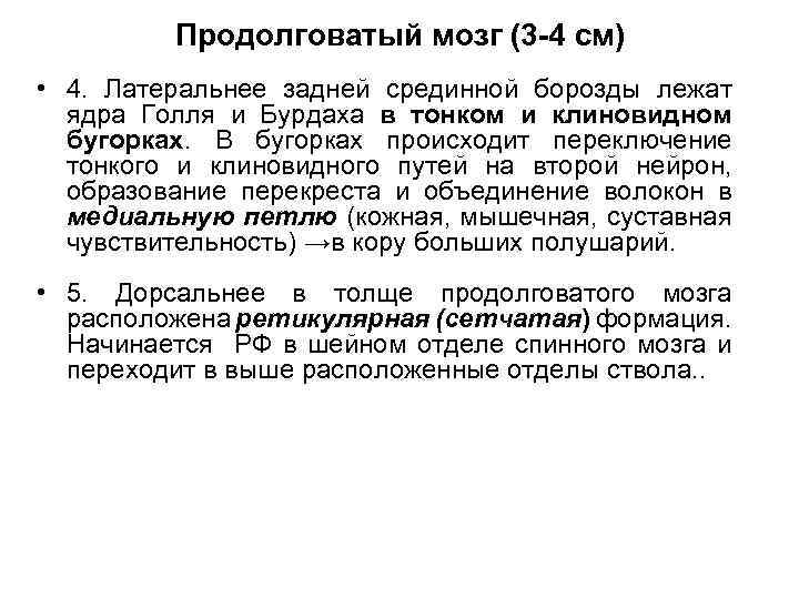 Продолговатый мозг (3 -4 см) • 4. Латеральнее задней срединной борозды лежат ядра Голля