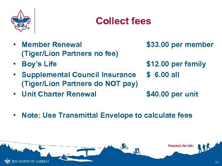 Collect fees • Member Renewal (Tiger/Lion Partners no fee) • Boy’s Life • Supplemental