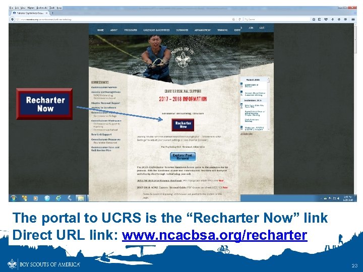 The portal to UCRS is the “Recharter Now” link Direct URL link: www. ncacbsa.