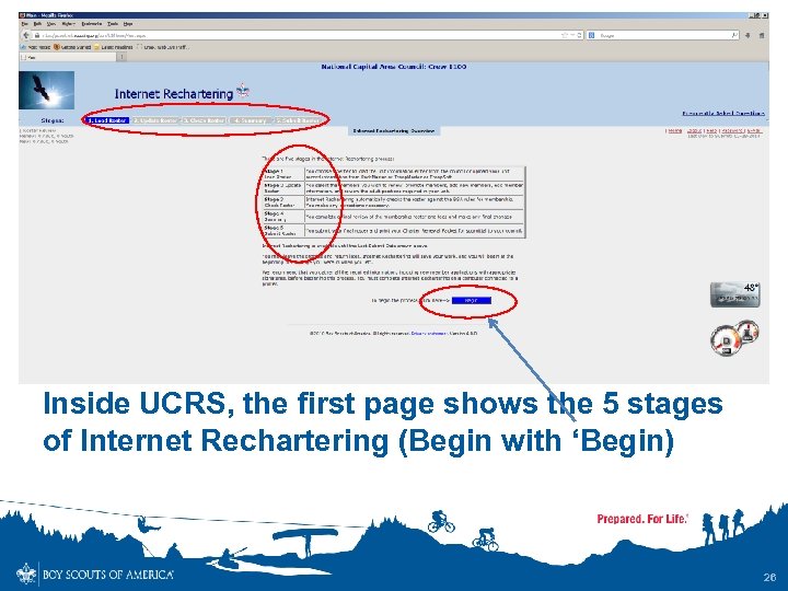 Inside UCRS, the first page shows the 5 stages of Internet Rechartering (Begin with