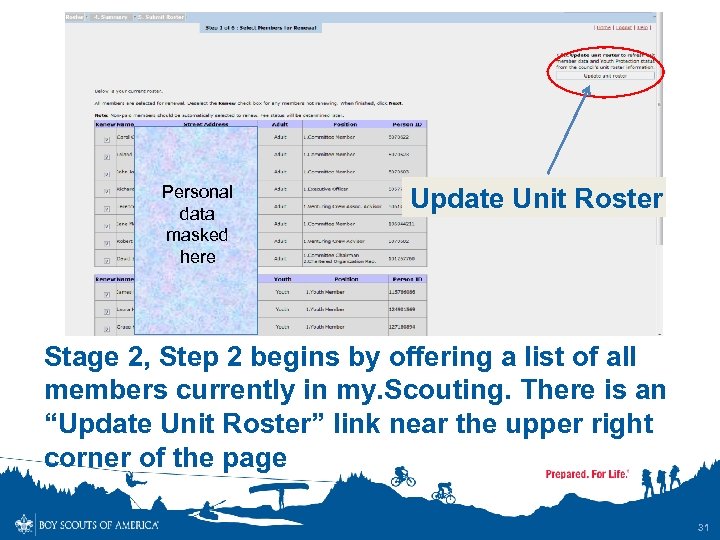 Personal data masked here Update Unit Roster Stage 2, Step 2 begins by offering