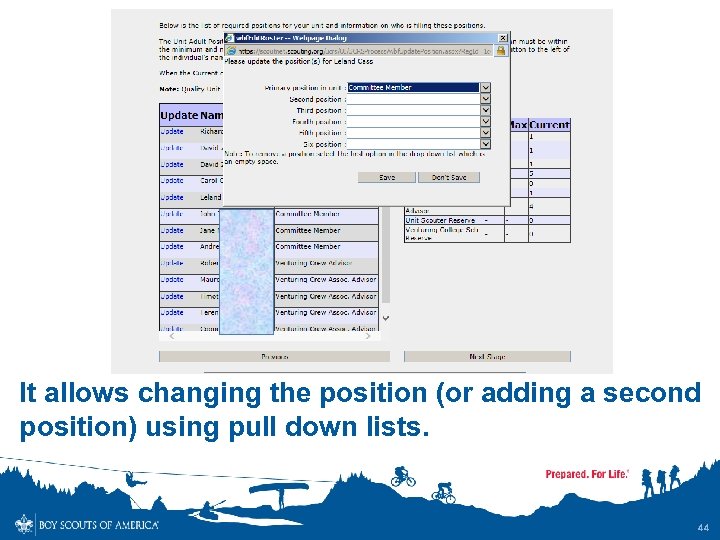 It allows changing the position (or adding a second position) using pull down lists.