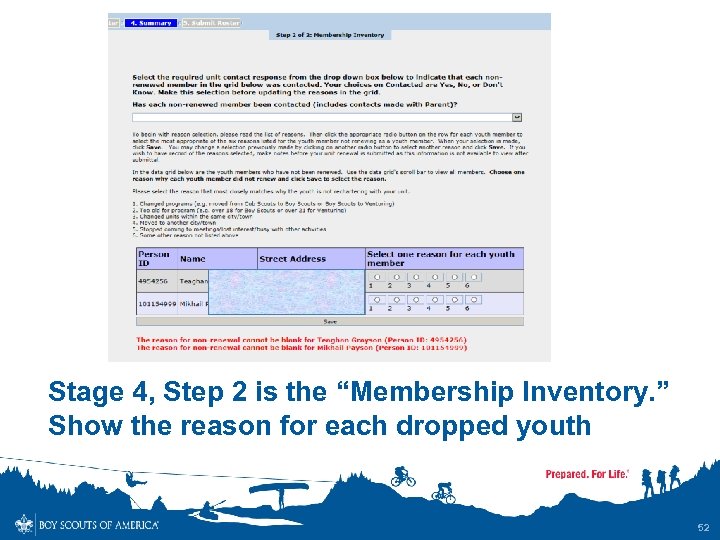 Stage 4, Step 2 is the “Membership Inventory. ” Show the reason for each