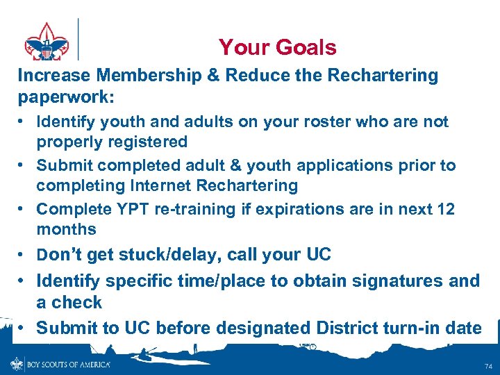 Your Goals Increase Membership & Reduce the Rechartering paperwork: • Identify youth and adults