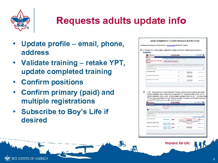 Requests adults update info • Update profile – email, phone, address • Validate training