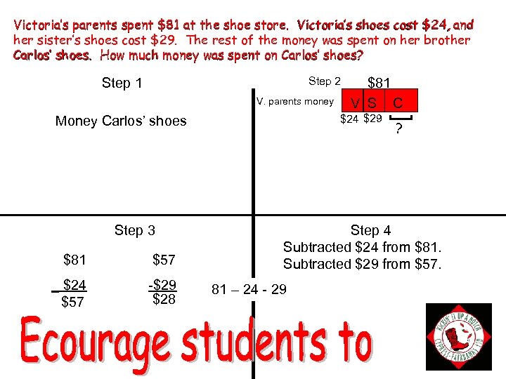 Victoria’s parents spent $81 at the shoe store. Victoria’s shoes cost $24, and her