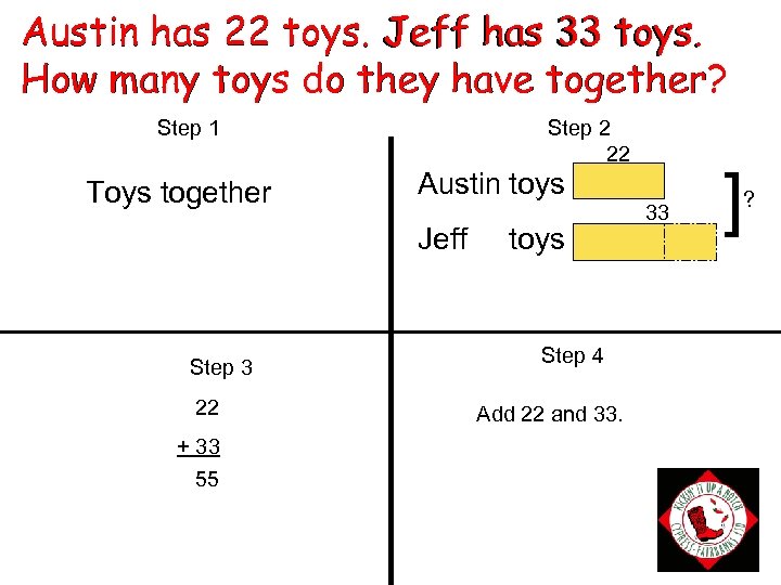 Austin has 22 toys. Jeff has 33 toys. How many toys do they have