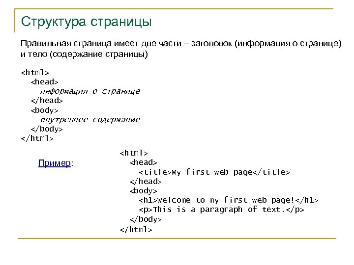 Структура страницы Правильная страница имеет две части – заголовок (информация о странице) и тело