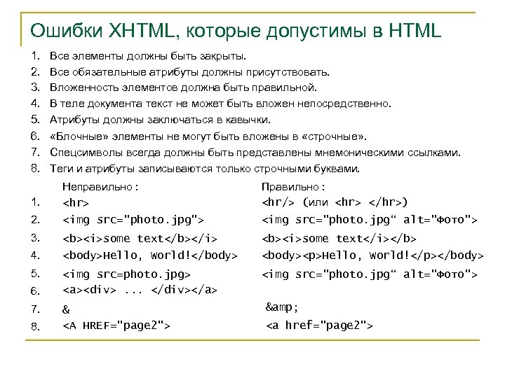 Ошибки XHTML, которые допустимы в HTML 1. 2. 3. 4. 5. 6. 7. 8.