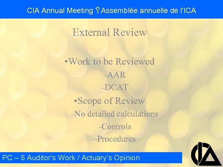 CIA Annual Meeting Ÿ Assemblée annuelle de l’ICA External Review • Work to be