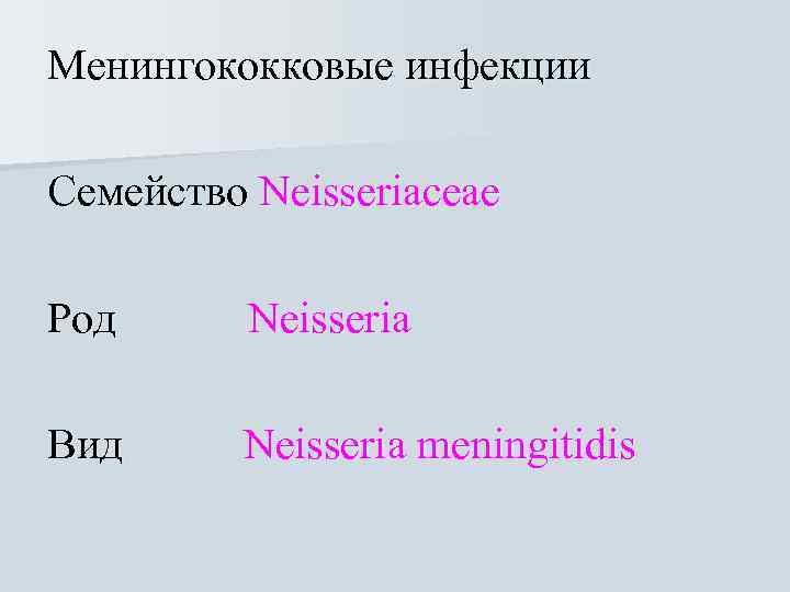 Менингококковые инфекции Семейство Neisseriaceae Род Neisseria Вид Neisseria meningitidis 