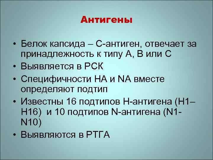 Антигены • Белок капсида – С-антиген, отвечает за принадлежность к типу А, В или