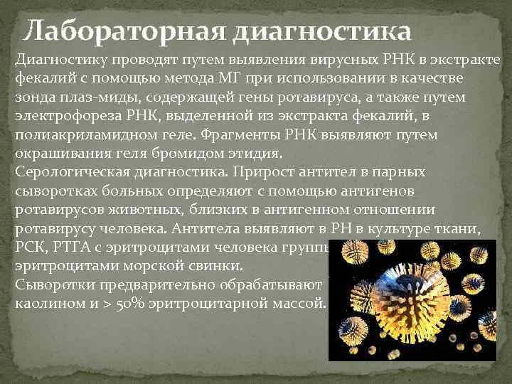 Лабораторная диагностика Диагностику проводят путем выявления вирусных РНК в экстракте фекалий с помощью метода