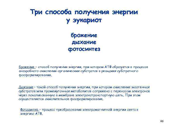 Три способа получения энергии у эукариот брожение дыхание фотосинтез Брожение – способ получения энергии,