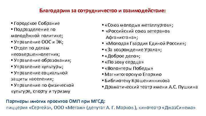 Благодарим за сотрудничество и взаимодействие: • Городское Собрание • Подразделение по молодёжной политике; •