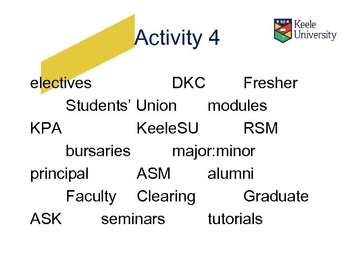 Activity 4 electives DKC Fresher Students’ Union modules KPA Keele. SU RSM bursaries major: