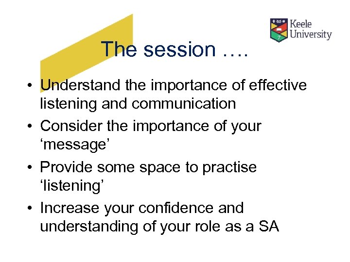 The session …. • Understand the importance of effective listening and communication • Consider