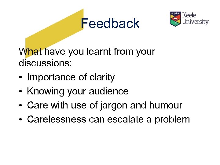 Feedback What have you learnt from your discussions: • Importance of clarity • Knowing