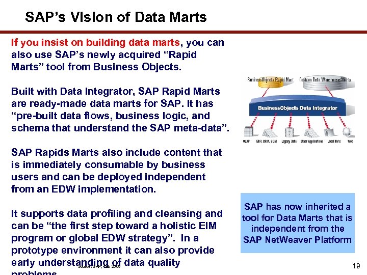 SAP’s Vision of Data Marts If you insist on building data marts, you can