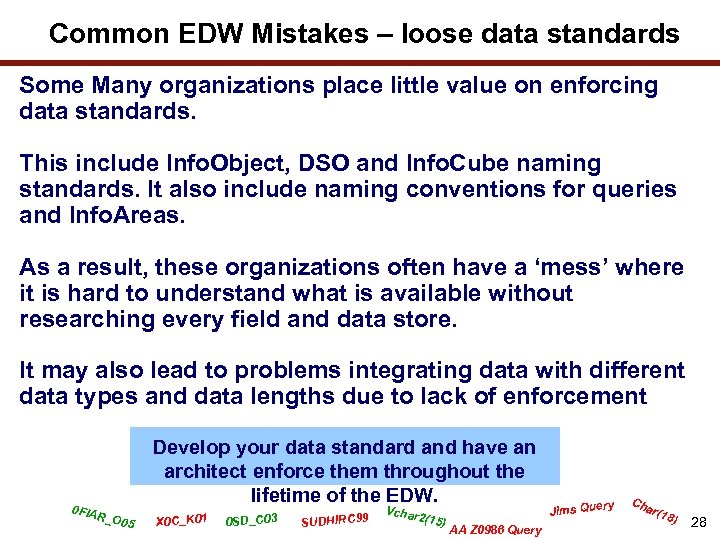 Common EDW Mistakes – loose data standards Some Many organizations place little value on
