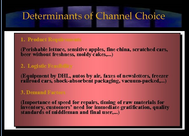 Determinants of Channel Choice 1. Product Requirements (Perishable lettuce, sensitive apples, fine china, scratched