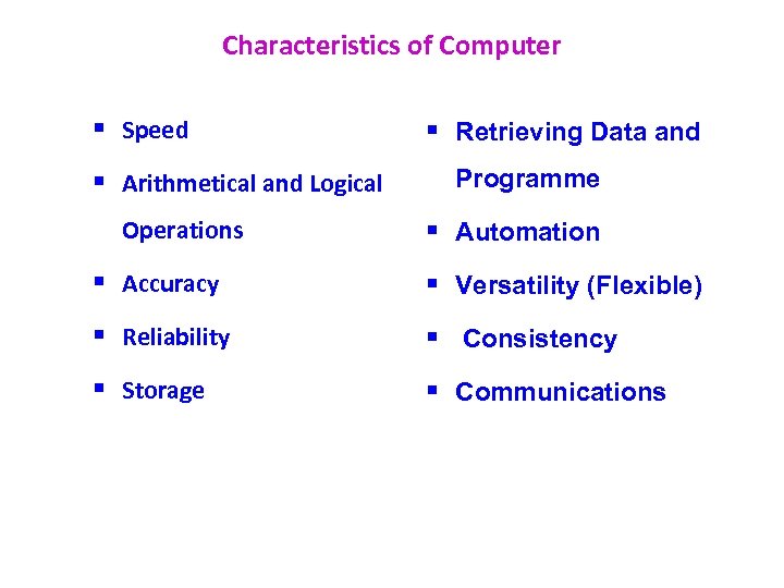 Characteristics of Computer § Speed § Arithmetical and Logical Operations § Retrieving Data and