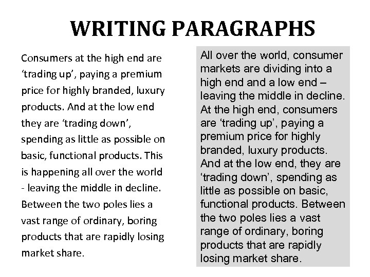 WRITING PARAGRAPHS Consumers at the high end are ‘trading up’, paying a premium price