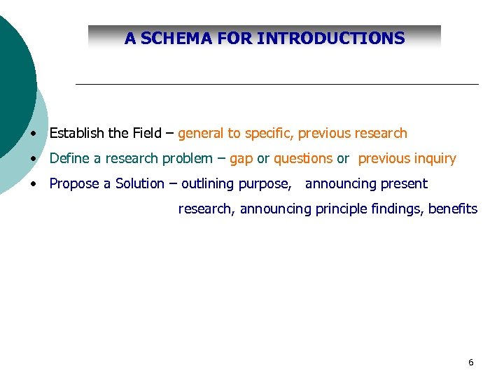 A SCHEMA FOR INTRODUCTIONS • Establish the Field – general to specific, previous research