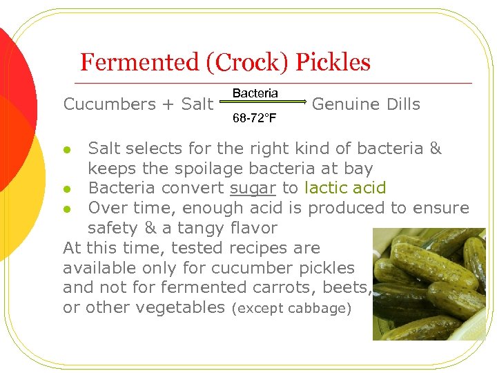 Fermented (Crock) Pickles Cucumbers + Salt Bacteria 68 -72°F Genuine Dills Salt selects for