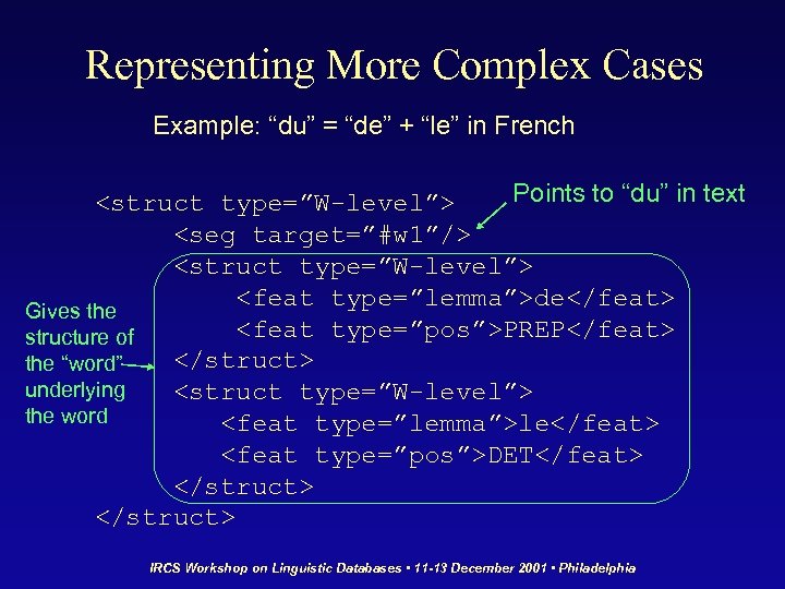 Representing More Complex Cases Example: “du” = “de” + “le” in French Points to
