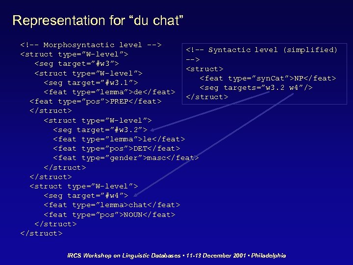 Representation for “du chat” <!-- Morphosyntactic level --> <!-- Syntactic level (simplified) <struct type=”W-level”>