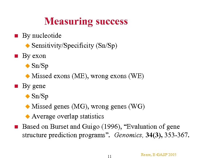 Measuring success By nucleotide Sensitivity/Specificity (Sn/Sp) By exon Sn/Sp Missed exons (ME), wrong exons