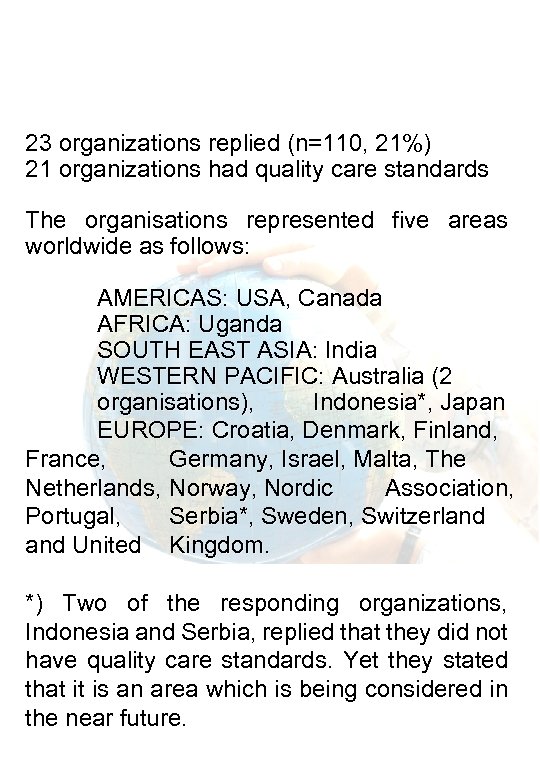 23 organizations replied (n=110, 21%) 21 organizations had quality care standards The organisations represented