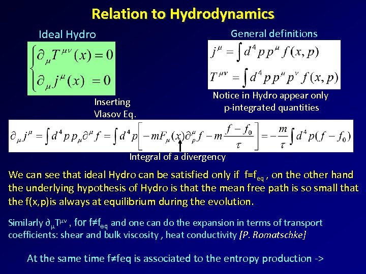 Relation to Hydrodynamics Ideal Hydro General definitions Inserting Vlasov Eq. Notice in Hydro appear