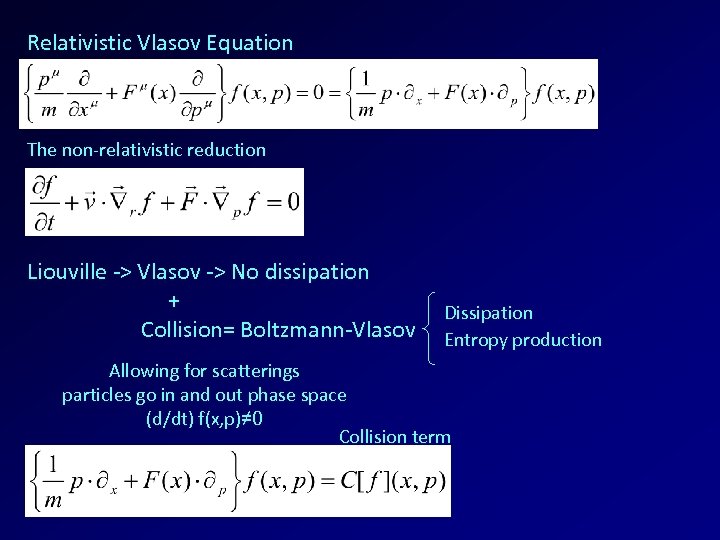 Relativistic Vlasov Equation The non-relativistic reduction Liouville -> Vlasov -> No dissipation + Collision=