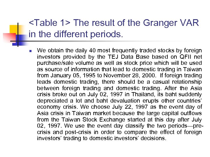 <Table 1> The result of the Granger VAR in the different periods. n We