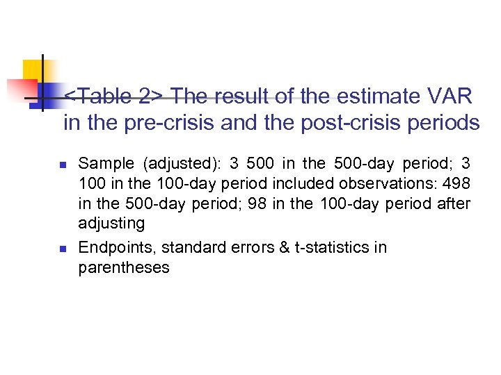 <Table 2> The result of the estimate VAR in the pre-crisis and the post-crisis
