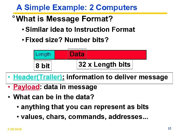 A Simple Example: 2 Computers ° What is Message Format? • Similar idea to