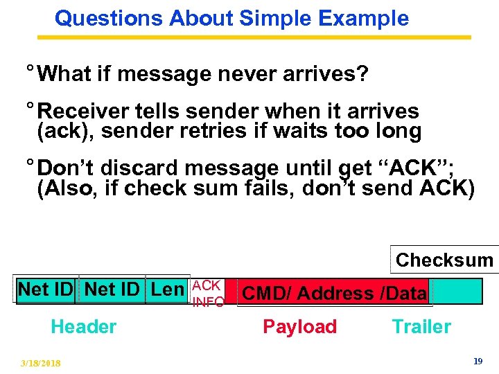 Questions About Simple Example ° What if message never arrives? ° Receiver tells sender