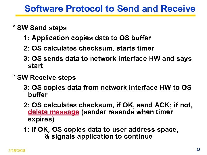 Software Protocol to Send and Receive ° SW Send steps 1: Application copies data