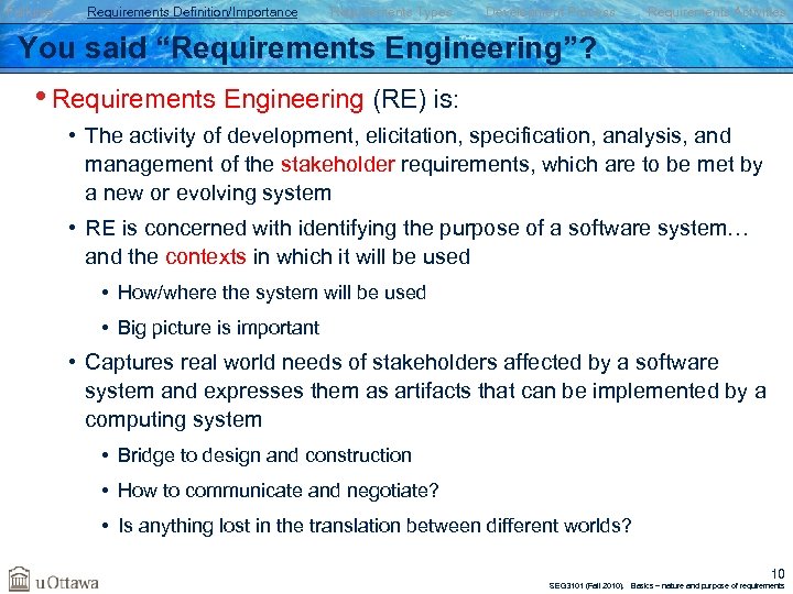 Failures Requirements Definition/Importance Requirements Types Development Process Requirements Activities You said “Requirements Engineering”? •