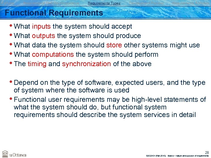 Failures Requirements Definition/Importance Requirements Types Development Process Requirements Activities Functional Requirements • What inputs