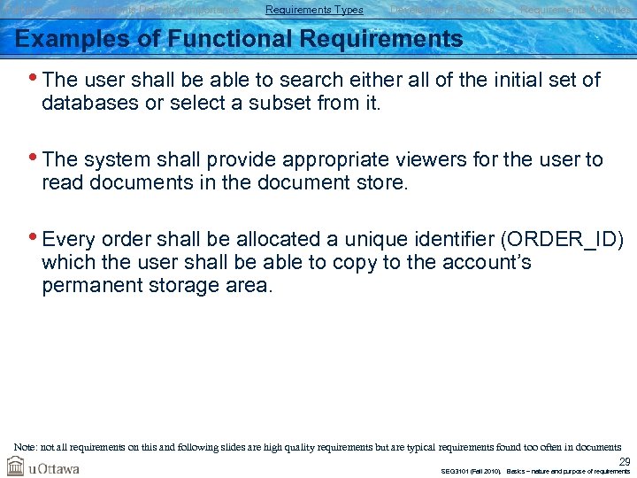 Failures Requirements Definition/Importance Requirements Types Development Process Requirements Activities Examples of Functional Requirements •
