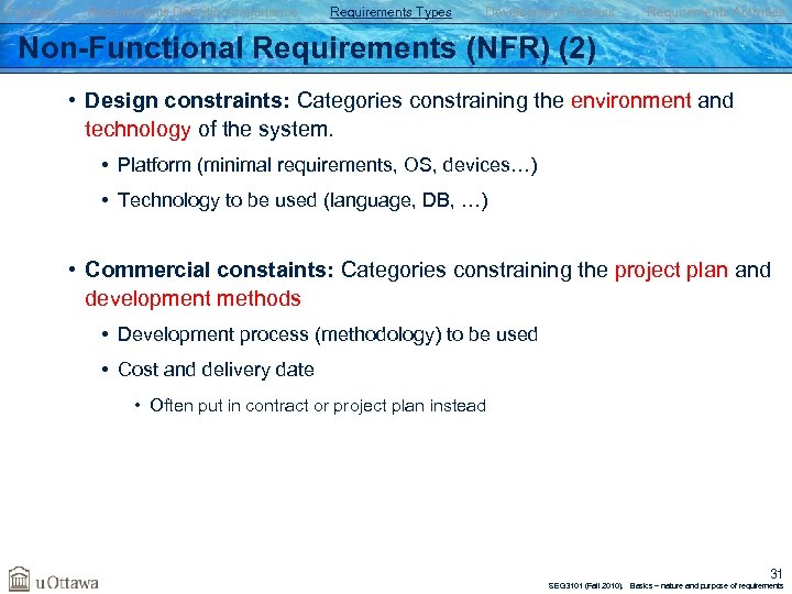 Failures Requirements Definition/Importance Requirements Types Development Process Requirements Activities Non-Functional Requirements (NFR) (2) •