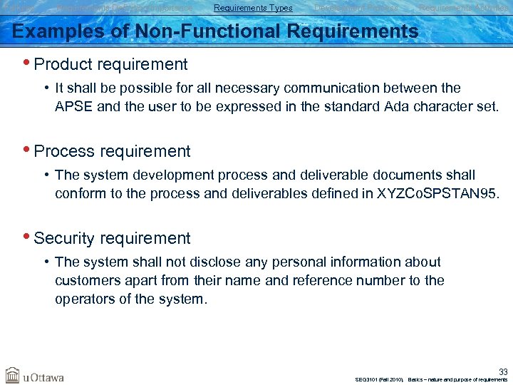 Failures Requirements Definition/Importance Requirements Types Development Process Requirements Activities Examples of Non-Functional Requirements •