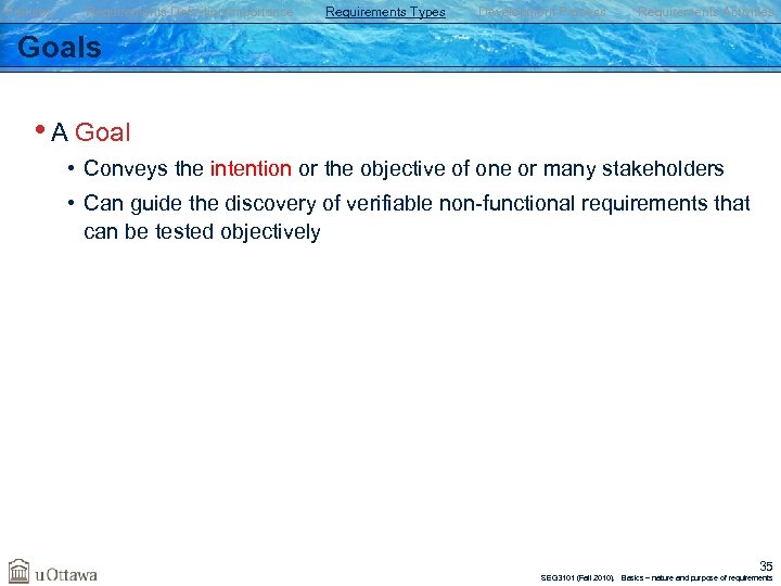 Failures Requirements Definition/Importance Requirements Types Development Process Requirements Activities Goals • A Goal •