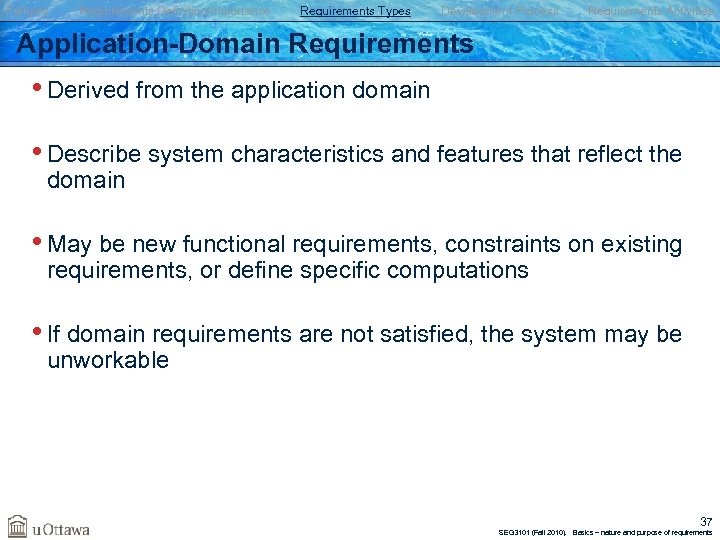 Failures Requirements Definition/Importance Requirements Types Development Process Requirements Activities Application-Domain Requirements • Derived from