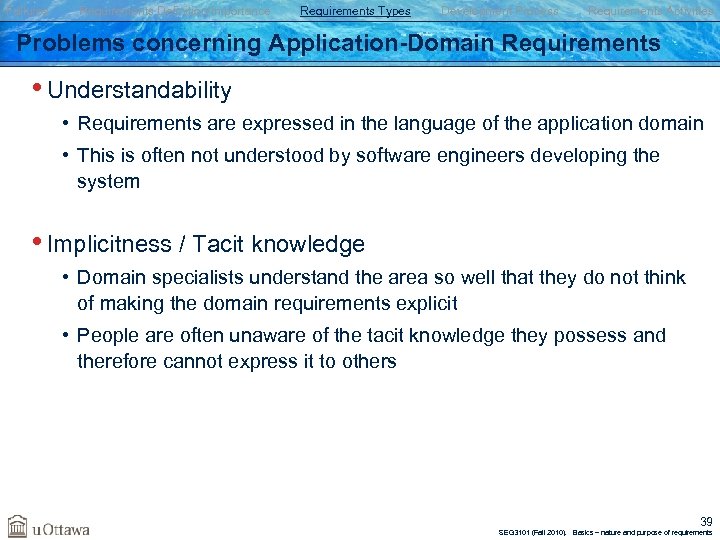 Failures Requirements Definition/Importance Requirements Types Development Process Requirements Activities Problems concerning Application-Domain Requirements •